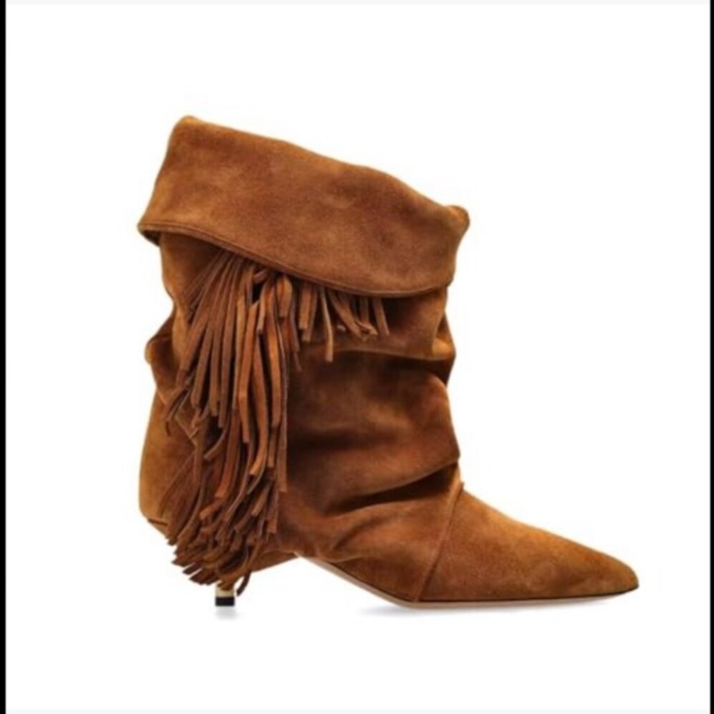 Slouchy Ankle Boots Pointed Toe Kitten Heels Wide Calf Boho Suede Fold Over new - Picture 6 of 8